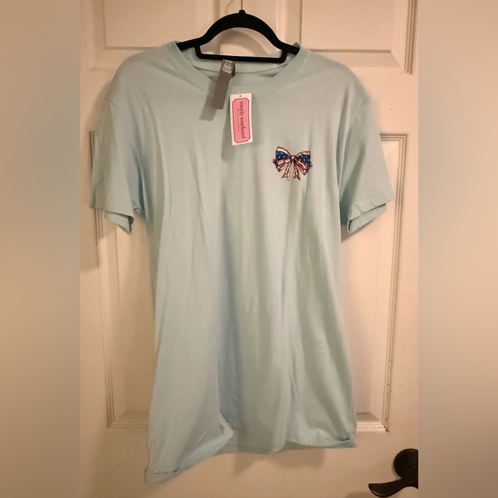 Simply Southern Light Blue Short Sleeve Tee with American Flag Bow - Picture 2 of 3